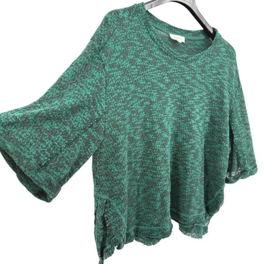 Umgee Green Black Knit Top Womens XL Pre-Owned 3/4‎ Sleeve Pullover Frayed Hem